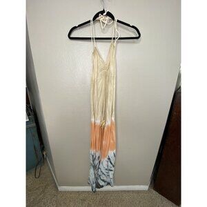 Sugar & Cream Womens tan dress small tie dye halter rayon maxi dress v-neck‎